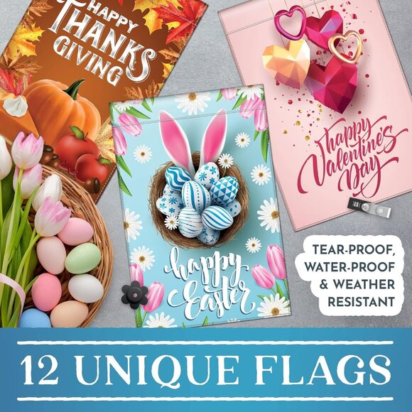 12 Pack Holiday Garden Flag Set with Anti-Wind Clip and Stopper - Picture 2 of 7